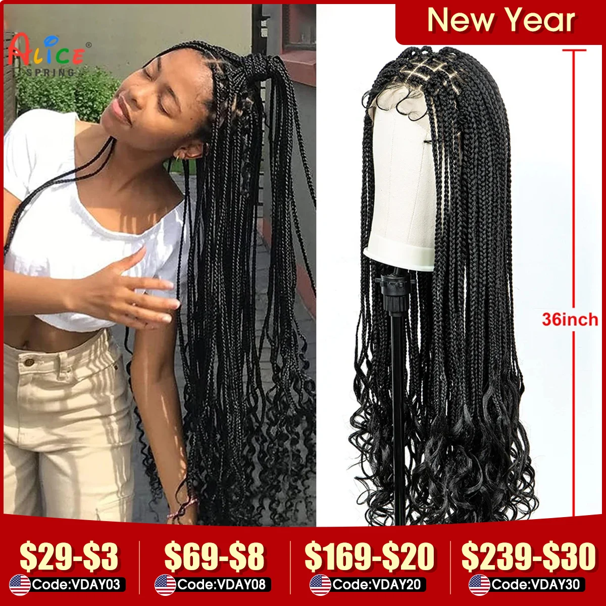 

36 Inches Braided Wigs Synthetic Lace Front Wigs with Baby Hair Braided Wigs with Water Wave for Black Women Long Braided Wig