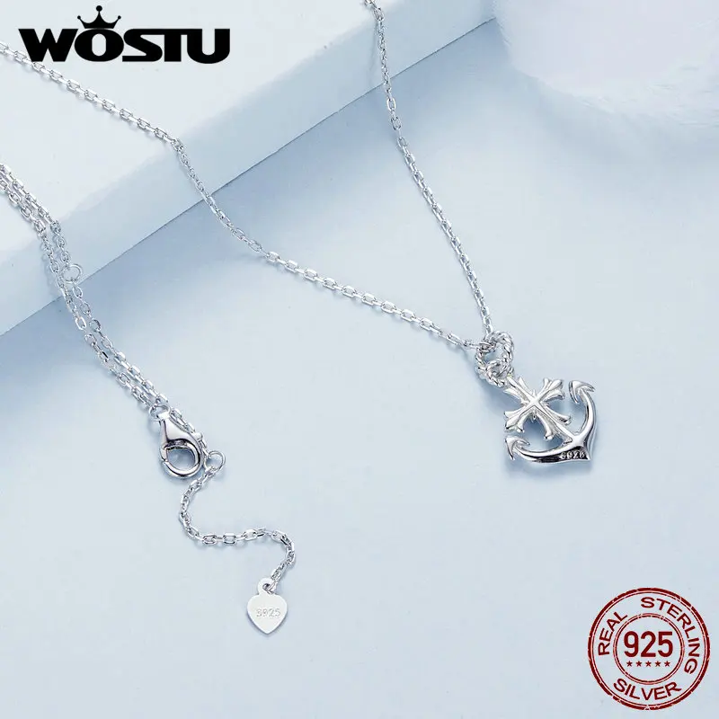 WOSTU 925 Sterling Silver Anchor Necklace Ocean Series Zircon Pendant Adjustable Chain for Women Gift Fine Jewelry