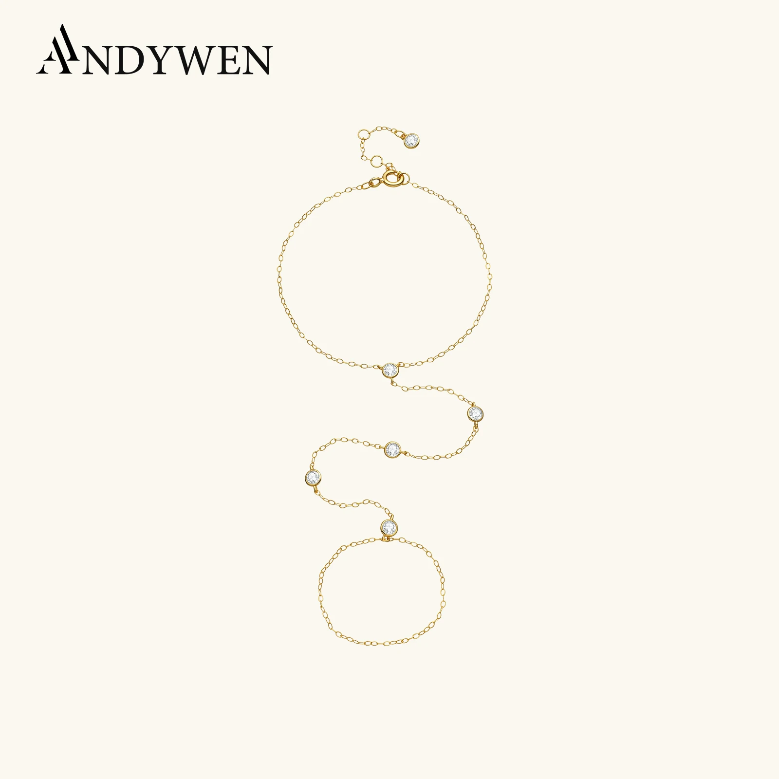 

ANDYWEN 925 Sterling Silver Elegant Hand Chain Bracelet Ring, Dainty CZ Connected Finger, Luxury Jewelry for Modern Women Gift
