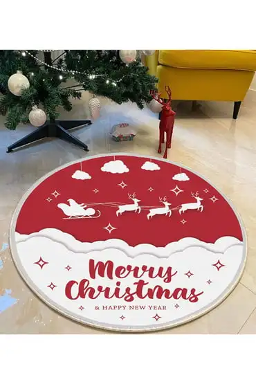 Happy New Year Concept Decorative Round Rug, Merry Christmas Themed Cotton Carpet