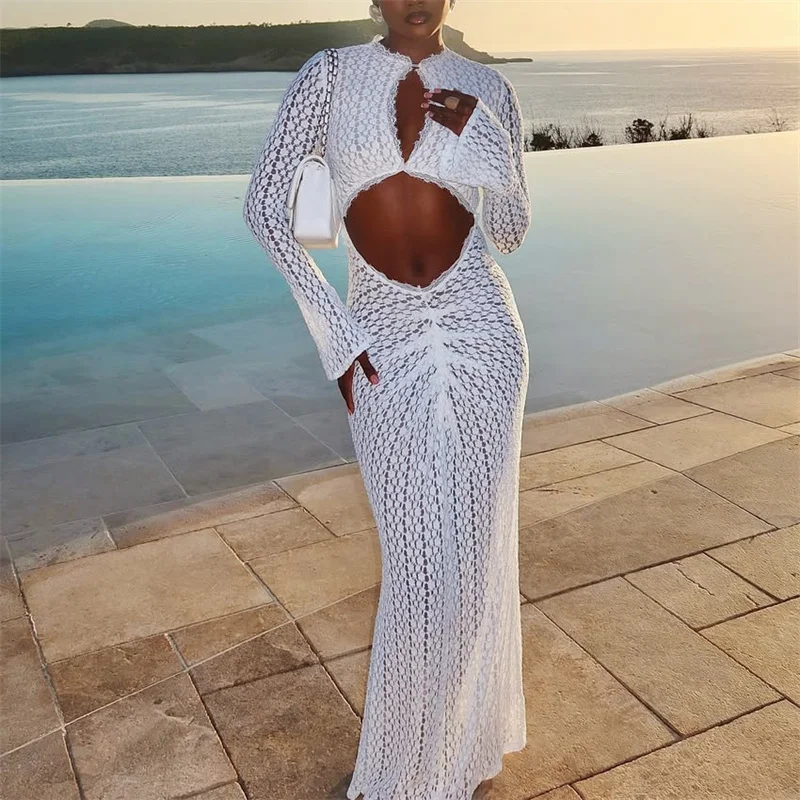 Women's Long Sleeve Cut Out Sheer Long Lace Dress Sexy See-through Boho Beach Bikini Cover-Up Swimsuit Female Swimwear Robe