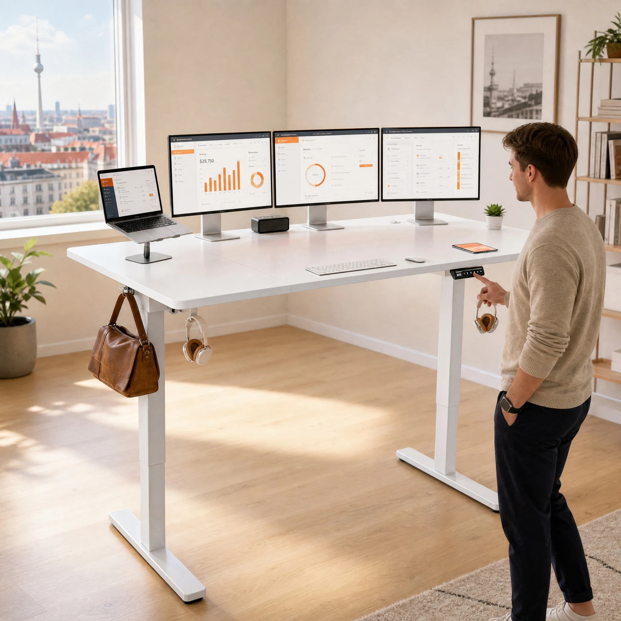 Elektrisch Höhenverstellbarer Schreibtisch 180x80 cm, Schreibtisch Höhenverstellbar mit 4 Memory-Funktion, Gaming Tisch mit Vierteilige Tischplatte