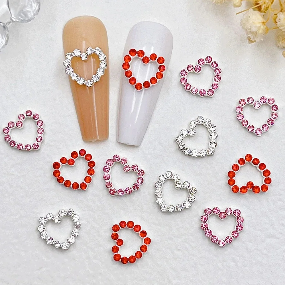 Breloques pour ongles en forme de cœur en métal, 10 pièces, rouge, rose, argent, diamant, pièces pour manucure, accessoires de décoration, breloques d'amour ajourées