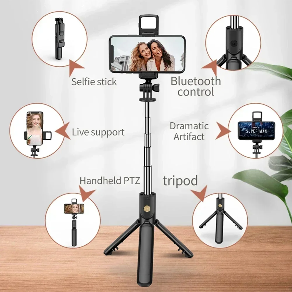 Cell Phone Selfie Stick Tripod Bluetooth Remote Wireless Selfi Stick Phone Holder Stand with Beauty Fill Light for Phone