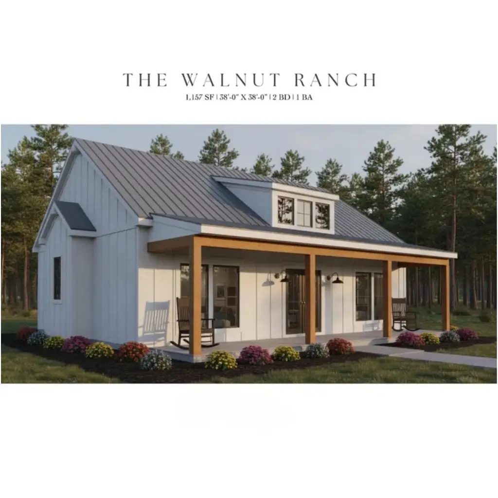 

План коттеджа современного фермерского дома (планы с принтом) | «Ореховое ранчо» 2-х отпечатков спальни | Одноэтажные домашние плани