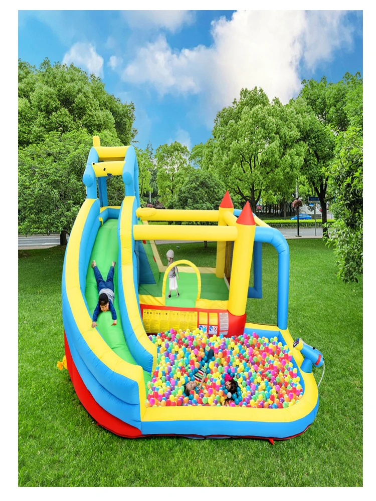 Kinder springkasteel, 5-in-1 opblaasbaar springkasteel voor kinderen van 3-10 jaar, buitenspeelkasteel met glijbaan en springgedeelte met water. - afbeelding 2