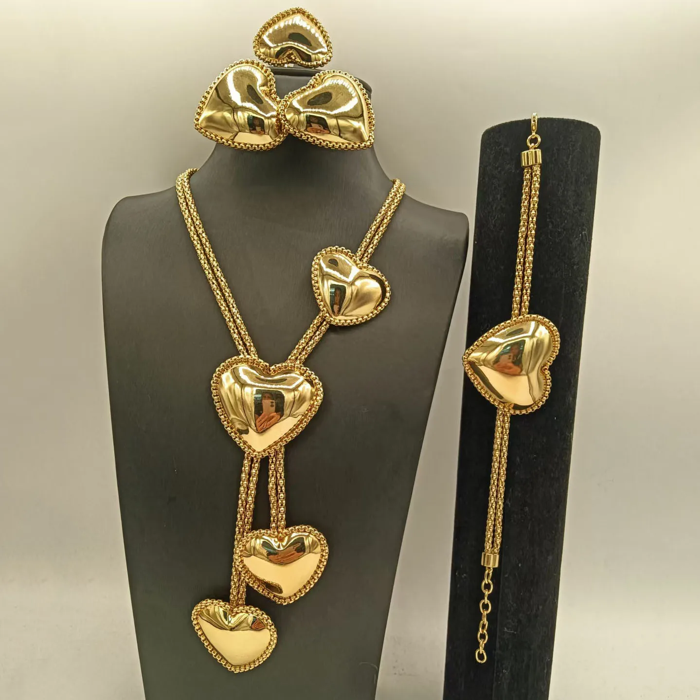 African Romantic Heart Tassel Necklace Bracelet Earrings Ring Dubai Italian Gold Plated Jewelry Set for Women Party Accessory