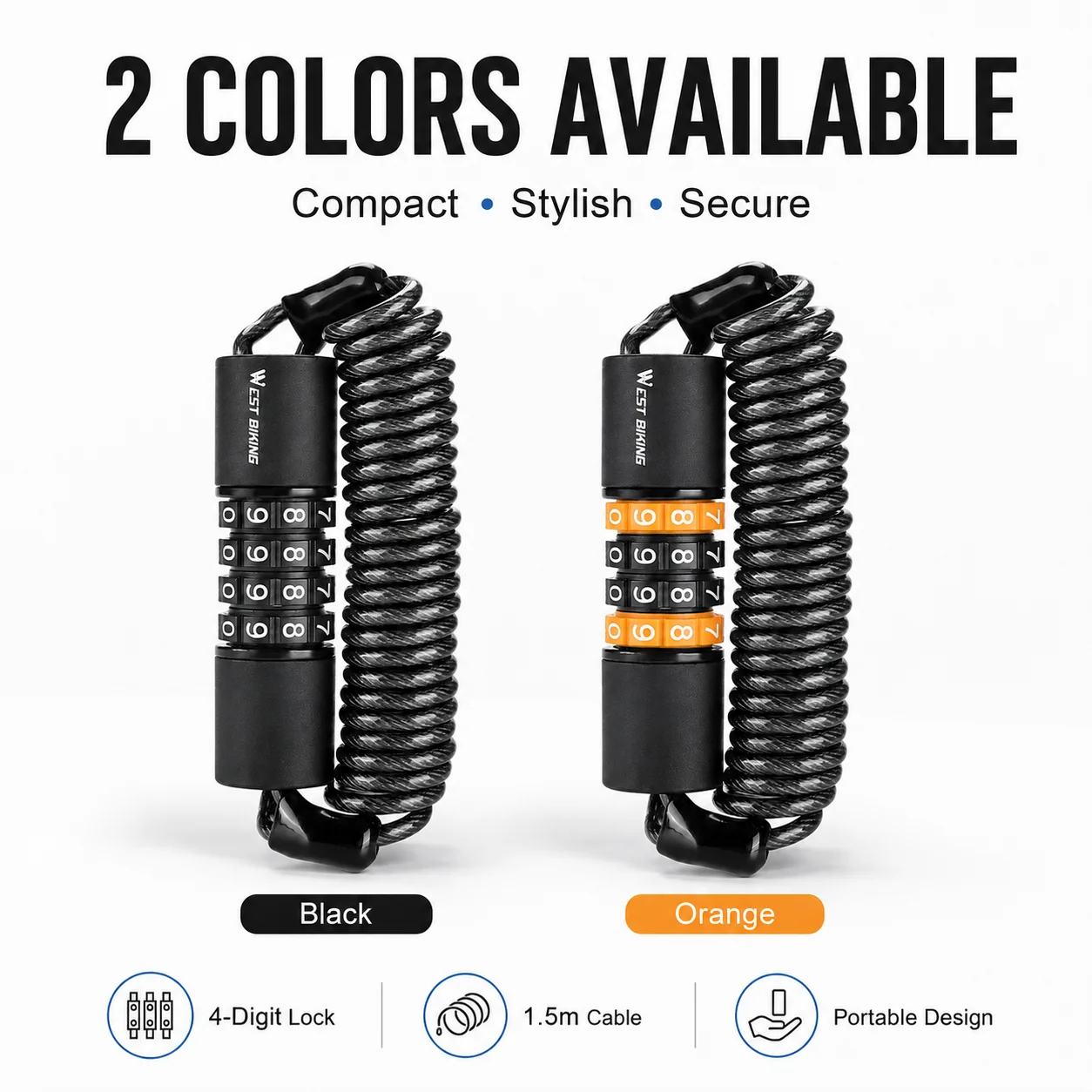 WEST BIKING 4 Digit Combination Cable Lock 1.5m Coiled Steel Security Lock for Bike Helmets Motorcycle Luggage Backpack Portable