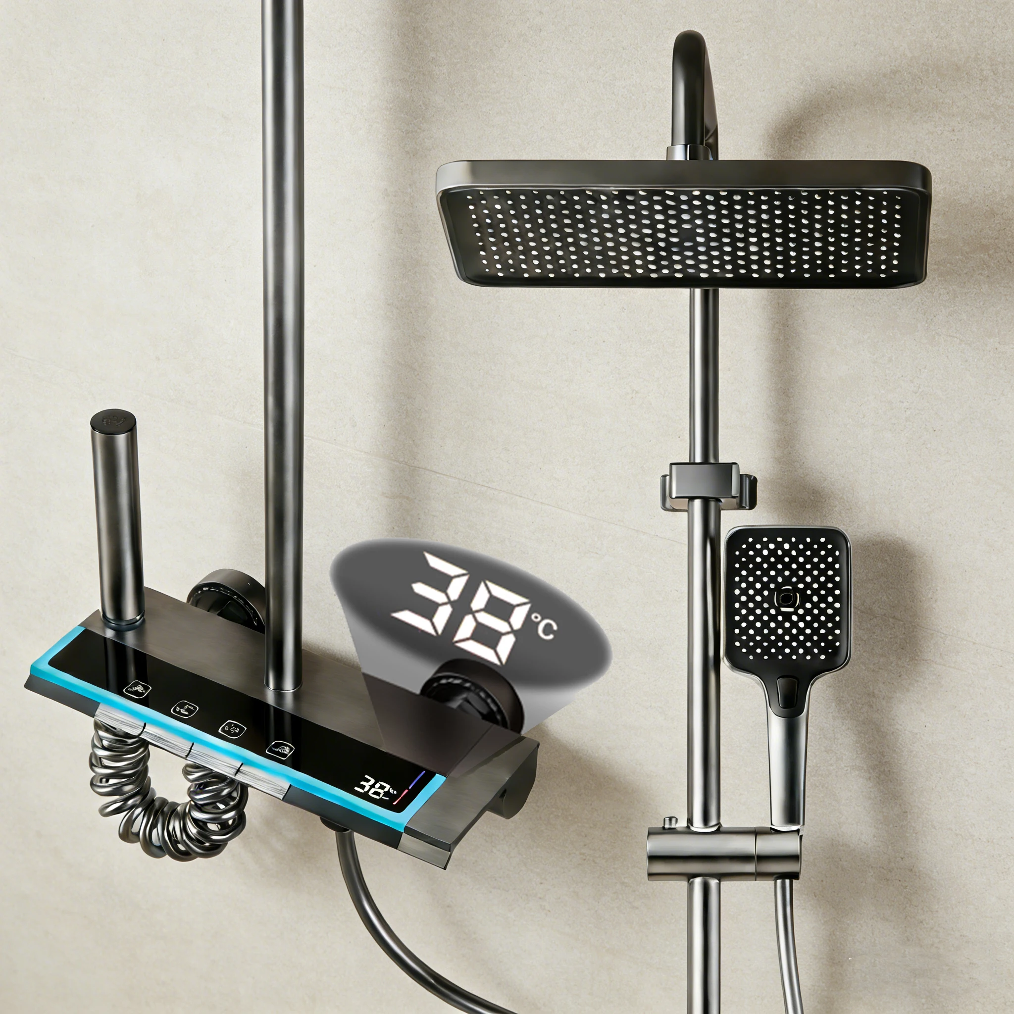 Ensemble de robinets de douche de salle de bains, 4 fonctions, touches de Piano, affichage numérique de la température, système de douche, douches chaudes et froides, robinets mélangeurs à pression