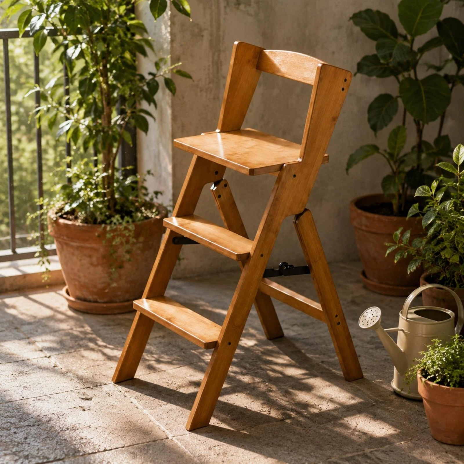 Foldable Step Stool with Backrest Wooden Design Counter Height Chair Multifunction for Home Kitchen Storage and Household Use