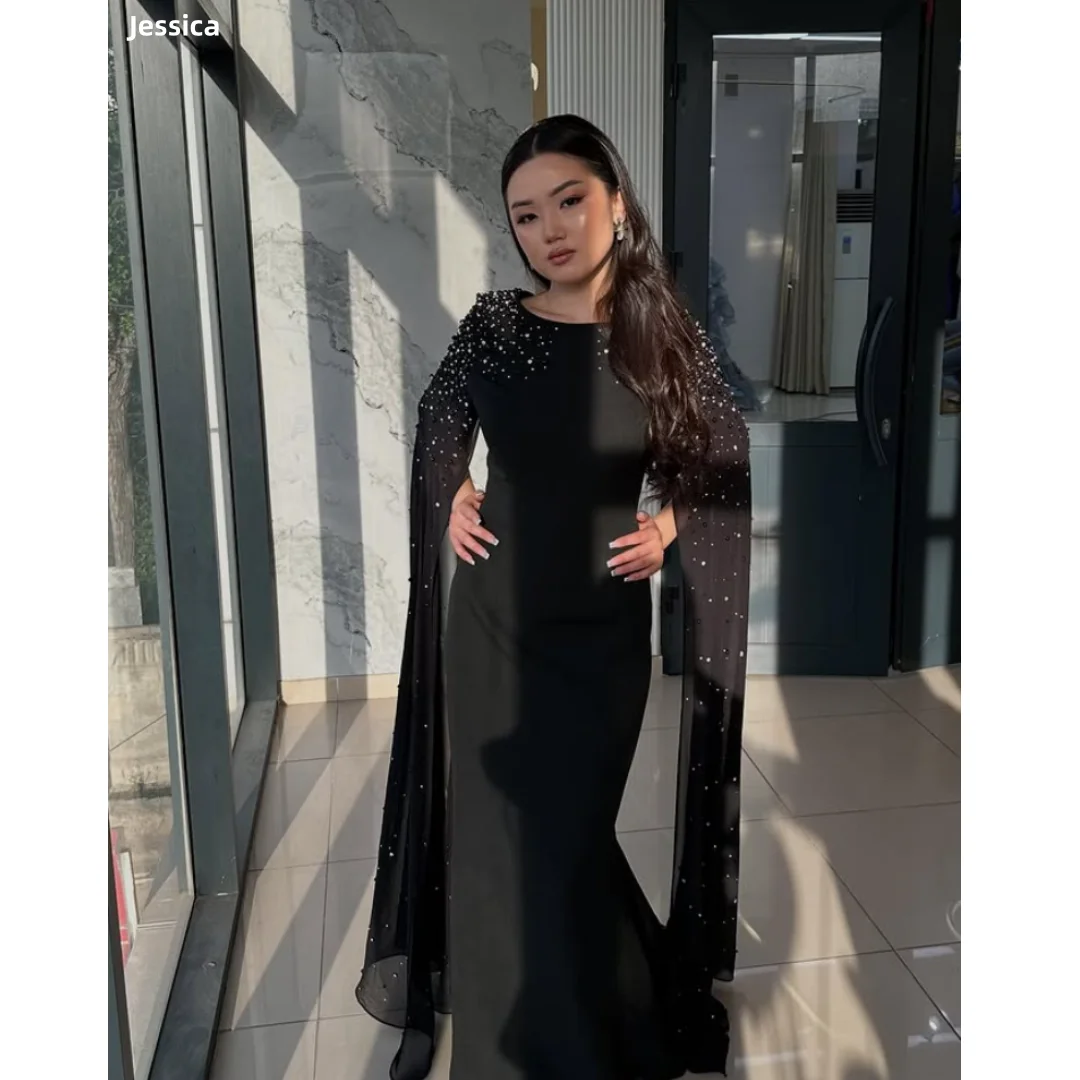 

Jessica Black Handmade Beads Evening Dresses Chiffon Shawl Prom Dresses Elegant Ladies فساتين سهرةCustomized