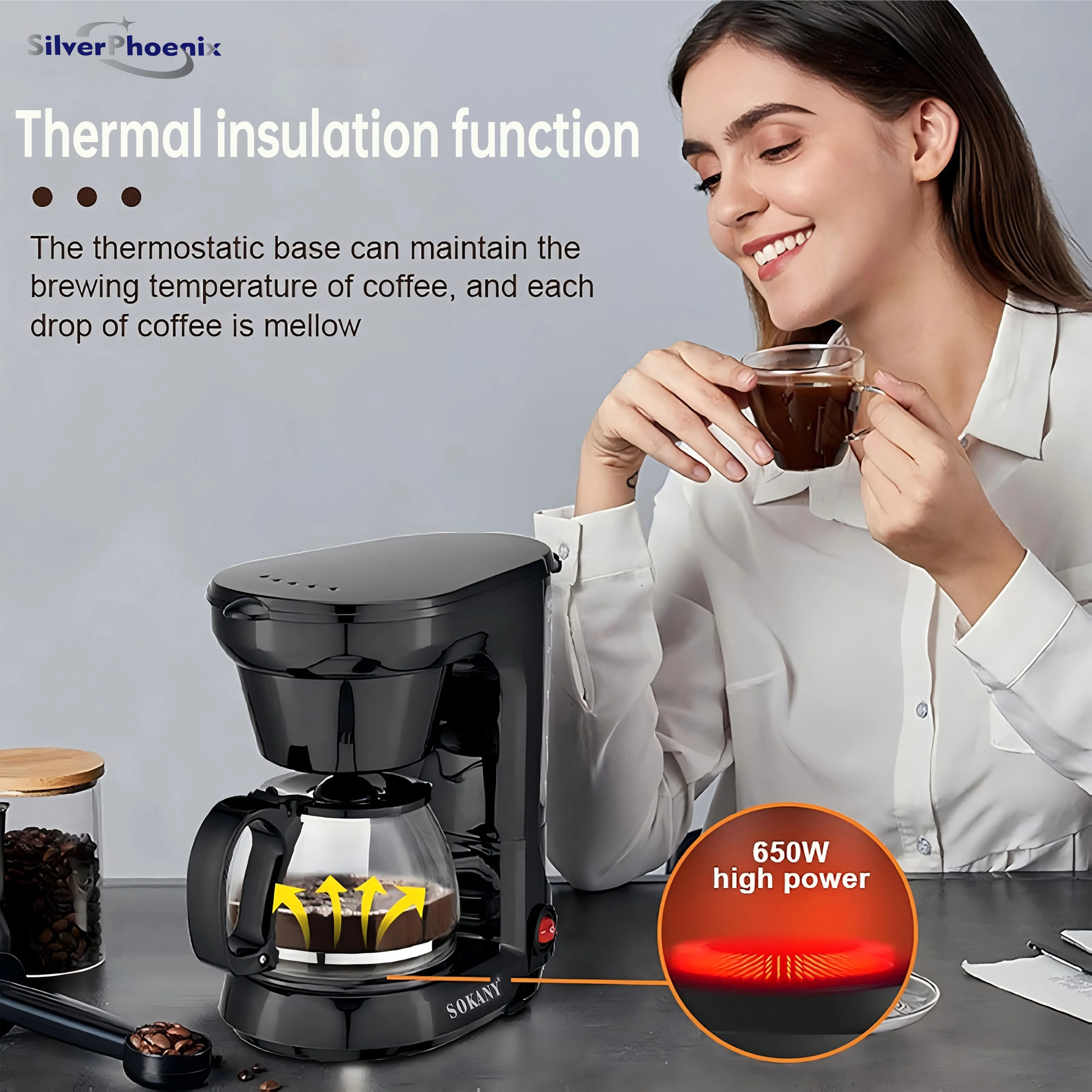 Small American Drip Coffee Maker, Small Office Coffee Maker, Tea and Coffee Pot 750Ml for 4 Cups