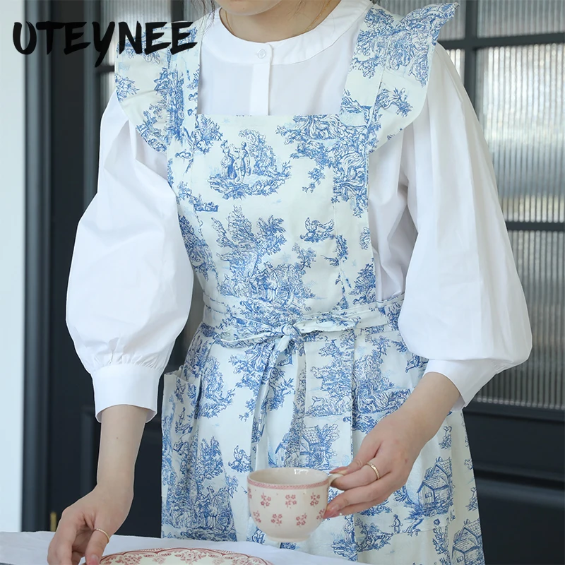 

Cotton Print Ruffle Women's Kitchen Apron with Pockets Garden Retro Cross-back Dress Pinafore Work Apron for Beauty Salon Nail