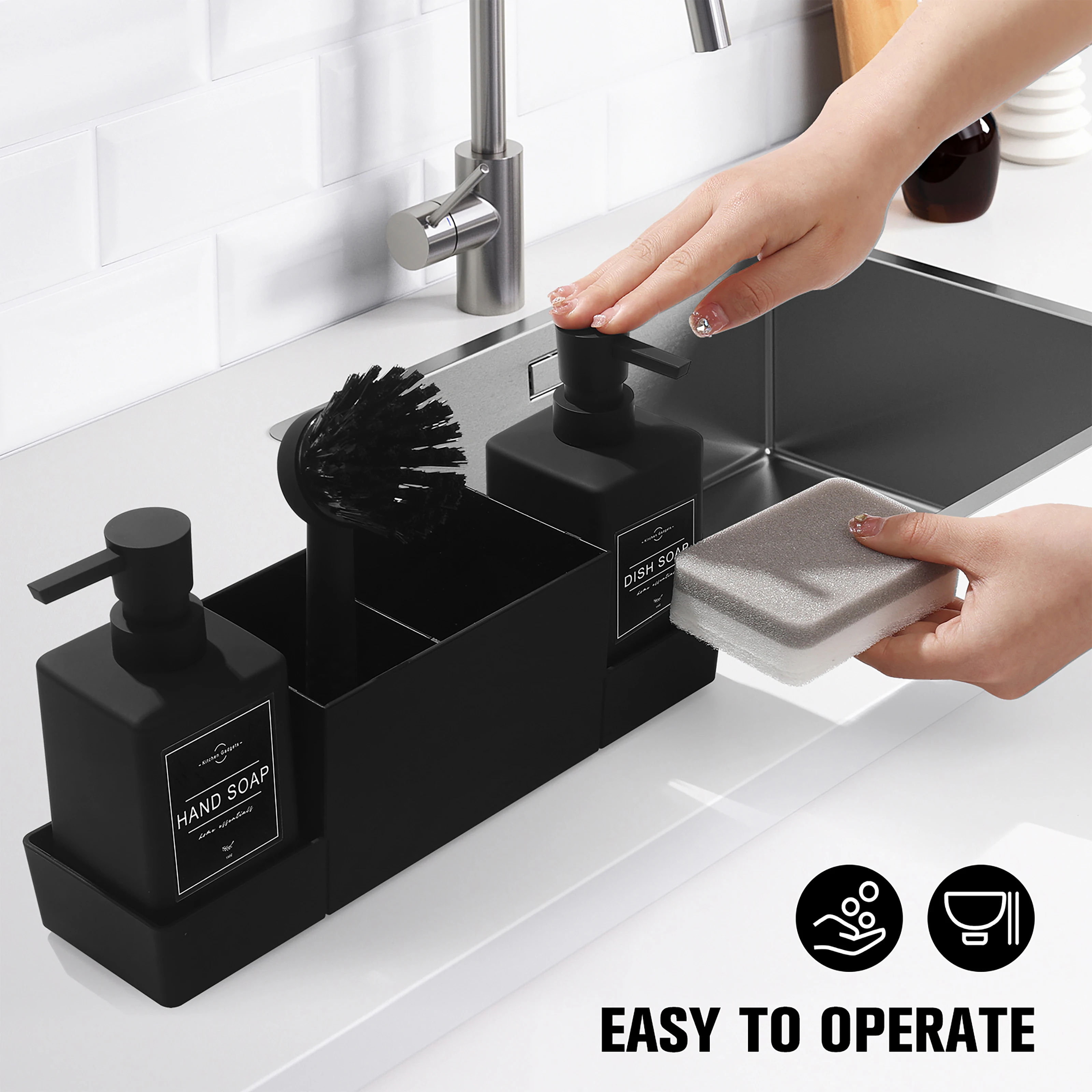 

Matte Black Kitchen Soap Dispenser Set with Brush And Sponge Holder Sink Rack Compatible Hand Sanitizer And Dish Soap Dispenser