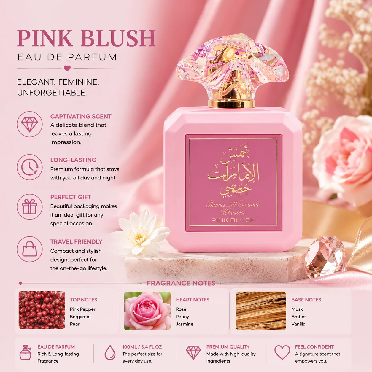 Pink Blush Perfume 100ml For Women, Long Lasting Floral Fruity Fragrance, Luxury Arabian Eau De Parfum Gift