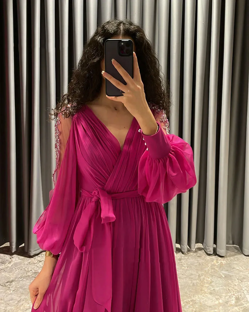 Prom Dress Chiffon Mother Wedding Party Dress Puff Long Sleeve V-neck Formal Elegant Party Dress Slit Evening Gown Customizd