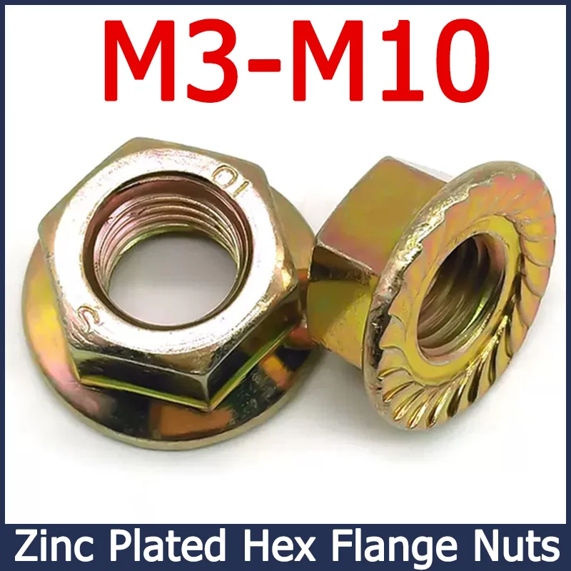 

20-50pcs M3 M4 M5 M6 M8 M10 Hexagon Flange Nuts Color lron Zinc Plated Pinking Automatic Locking Nuts DIN6923 Serrated Spinlock