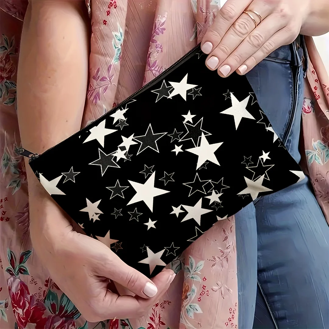 1Pc Elegant Black and White Star Retro Design Multifunctional Travel Makeup Bag, Snack Storage Bag, Stationery Storage Bag, Fashionable Toiletry Bag, Canvas Double-Sided Printed Zipper Pouch