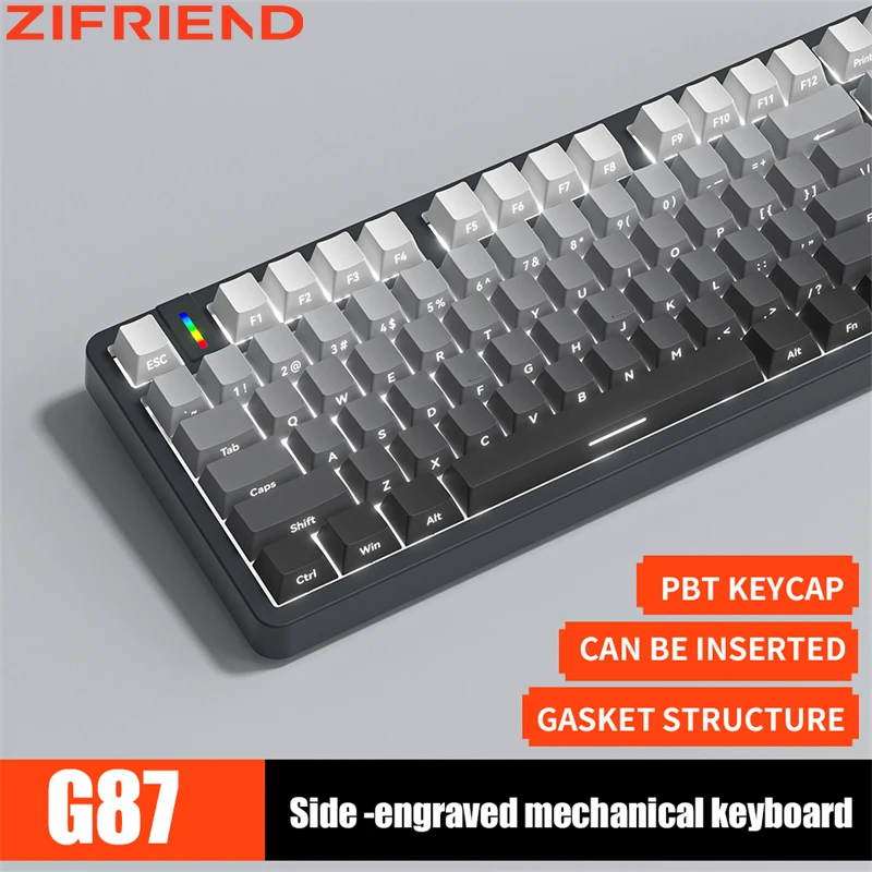 ZIFRIEND G87 Wired Mechanical Keyboard Side Printed 87 Keys Hot Swap PBT Keycaps White Light for Gamer Home Office Red Switch