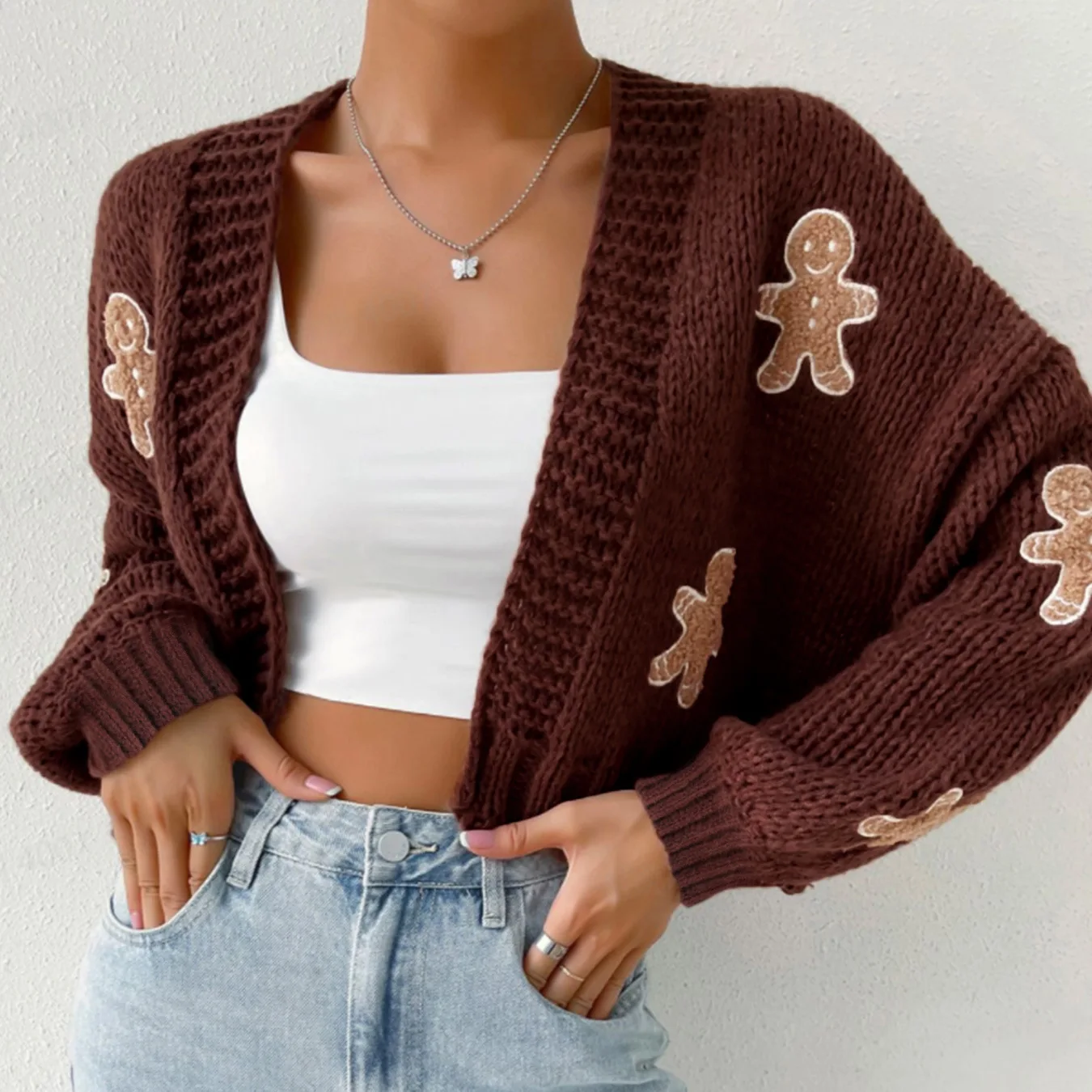 Women Christmas Knitted Cardigan Gingerbread Man Print Autumn Winter Elegant Sweater Vintage Loose Long Sleeve Casual Short Coat