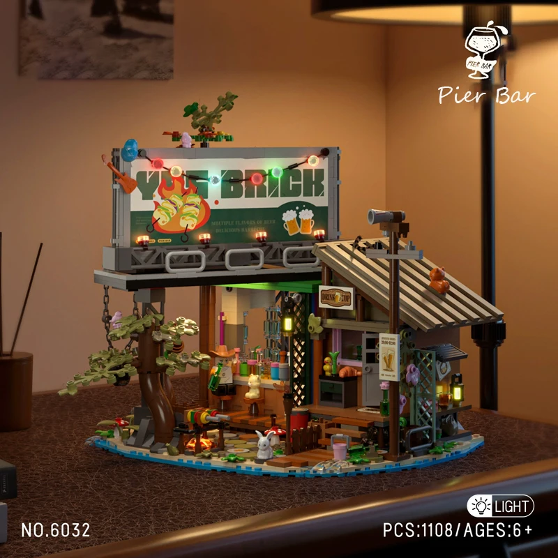 مدينة شارع عرض سلسلة قفص الاتهام بار الغابات منزل خشبي الرصيف بار اللبنات مع ضوء البناء الطوب لعبة هدية للكبار