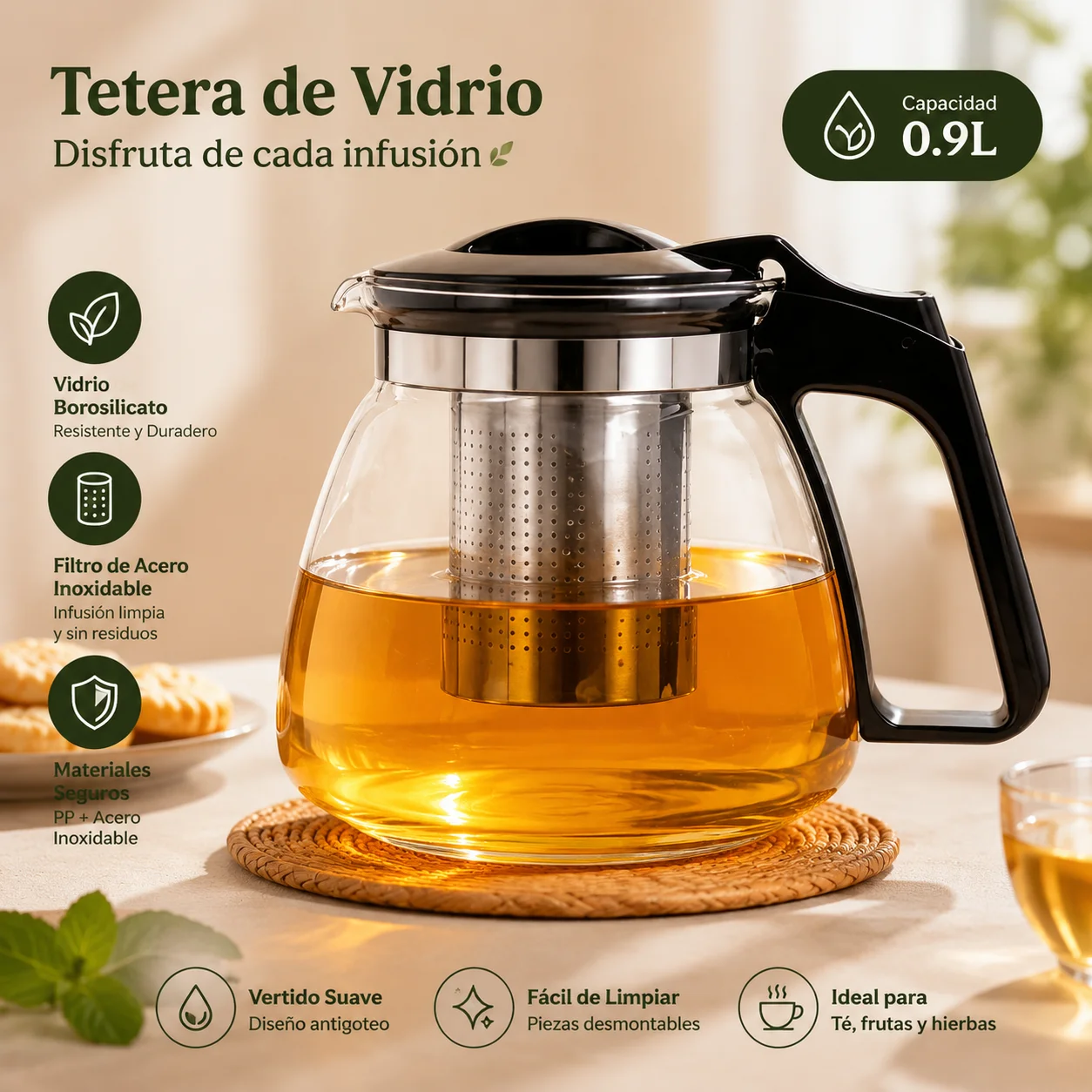 Théière en verre borosilicate résistant à la chaleur de 0,9 L avec infuseur en acier inoxydable 304, théière à infusion avec poignée ergonomique sans BPA pour la cuisine à domicile