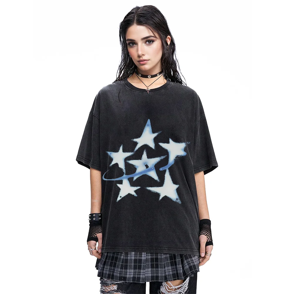 

Women's Y2K Graphic Tee - Vintage Washed Edgy Cutecore Clothes White star patternTrendy Streetwear T - Shirt
