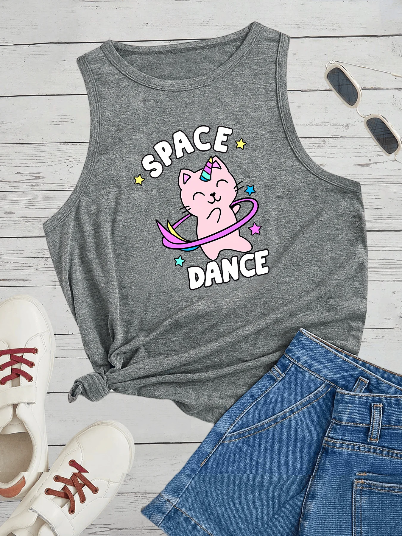 Love Space Dance Cat Baby Letter Fashion Women's Safety Tank Top Loose O Neck Sleeveless Casual Tank Top Women's Clothing