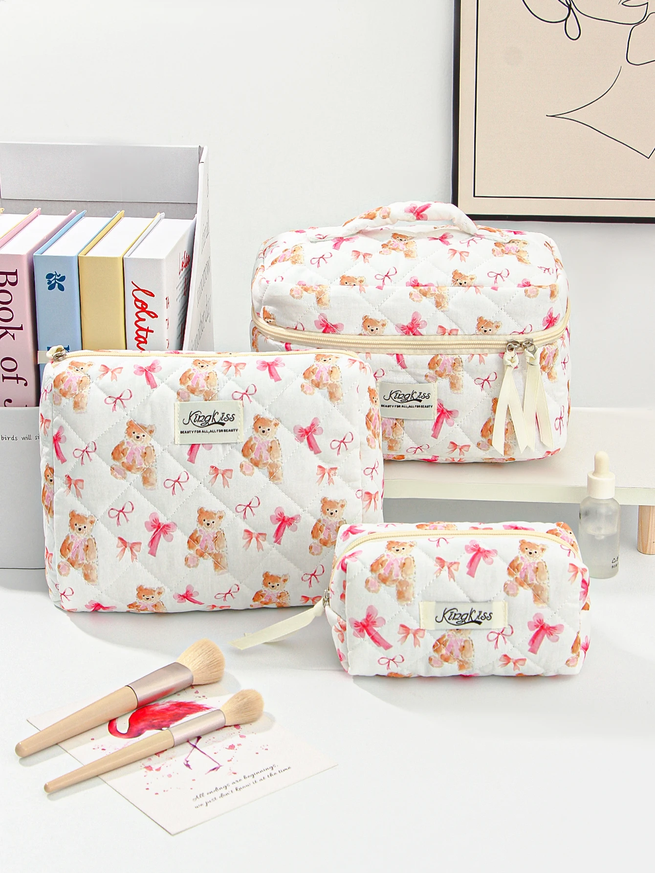 1pc/set bear pattern quilted makeup bag, cute bear makeup bag, travel essential storage makeup bag, holiday gift makeup bag