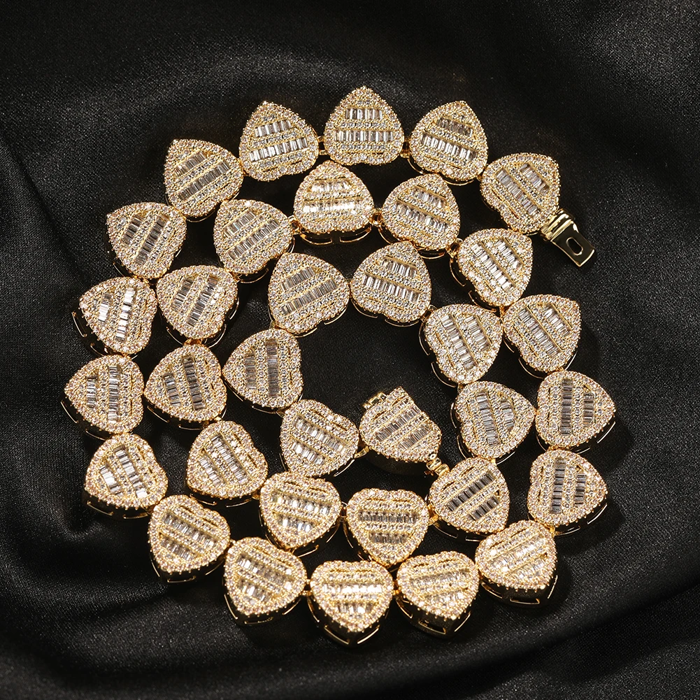 THE BLING KING 12mm Baguettecz Heart Necklace Full Paved Out Cubic Zirconia Link Chain Luxury Jewelry Engagement Gift For Women