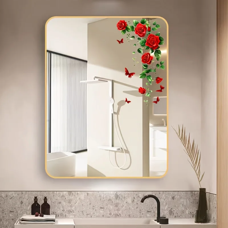 1Pc Romantic Red Rose Butterfly Glass Wall Sticker, Self-Adhesive Pvc Home Decoration Sticker, Suitable for Glass, Mirrors, Bedrooms, Living Rooms, Refrigerators, Bathrooms, Cabinets, Doors, Windows, and Wall Decals, Easily Create a Warm and Fun Space, a Creative and Thoughtful Gift for Family, Friends, and Loved Ones