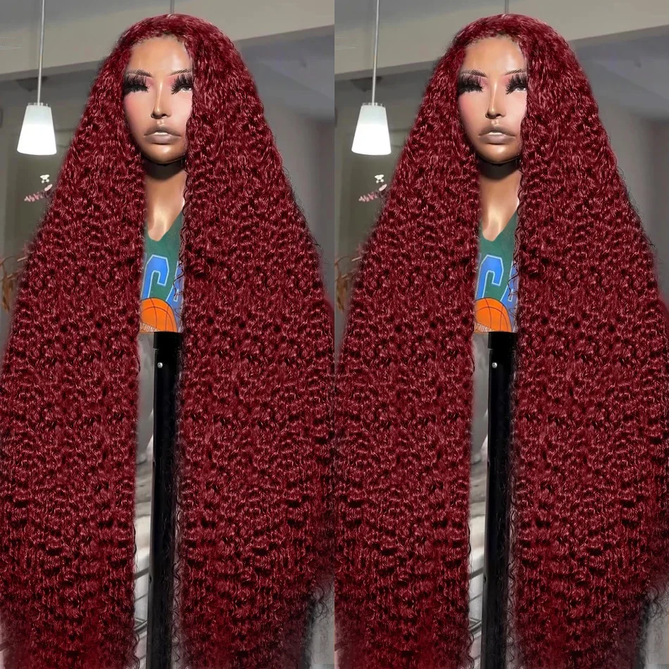 250 Density 30 40 Inch 99J Burgundy Curly 13x4 Lace Front Wigs Remy Deep Wave 13x6 HD Transparent Lace Frontal Wig For Women