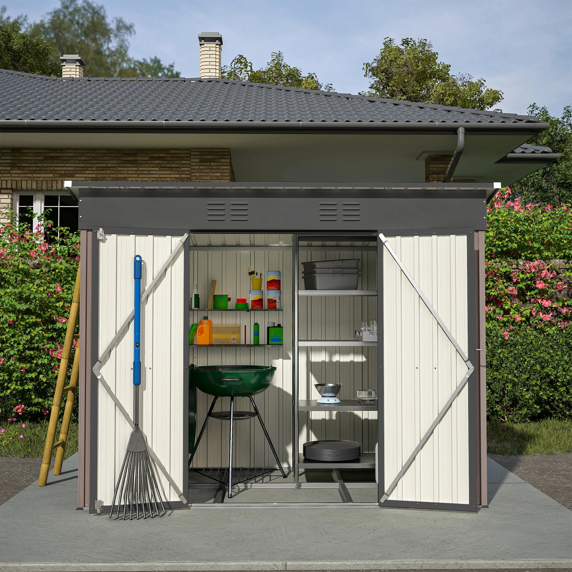8x4 FT metalen gereedschapsschuur tuinhuis inclusief metalen foundation (zonder vloer), weerbestendige tuinschuur - afbeelding 2