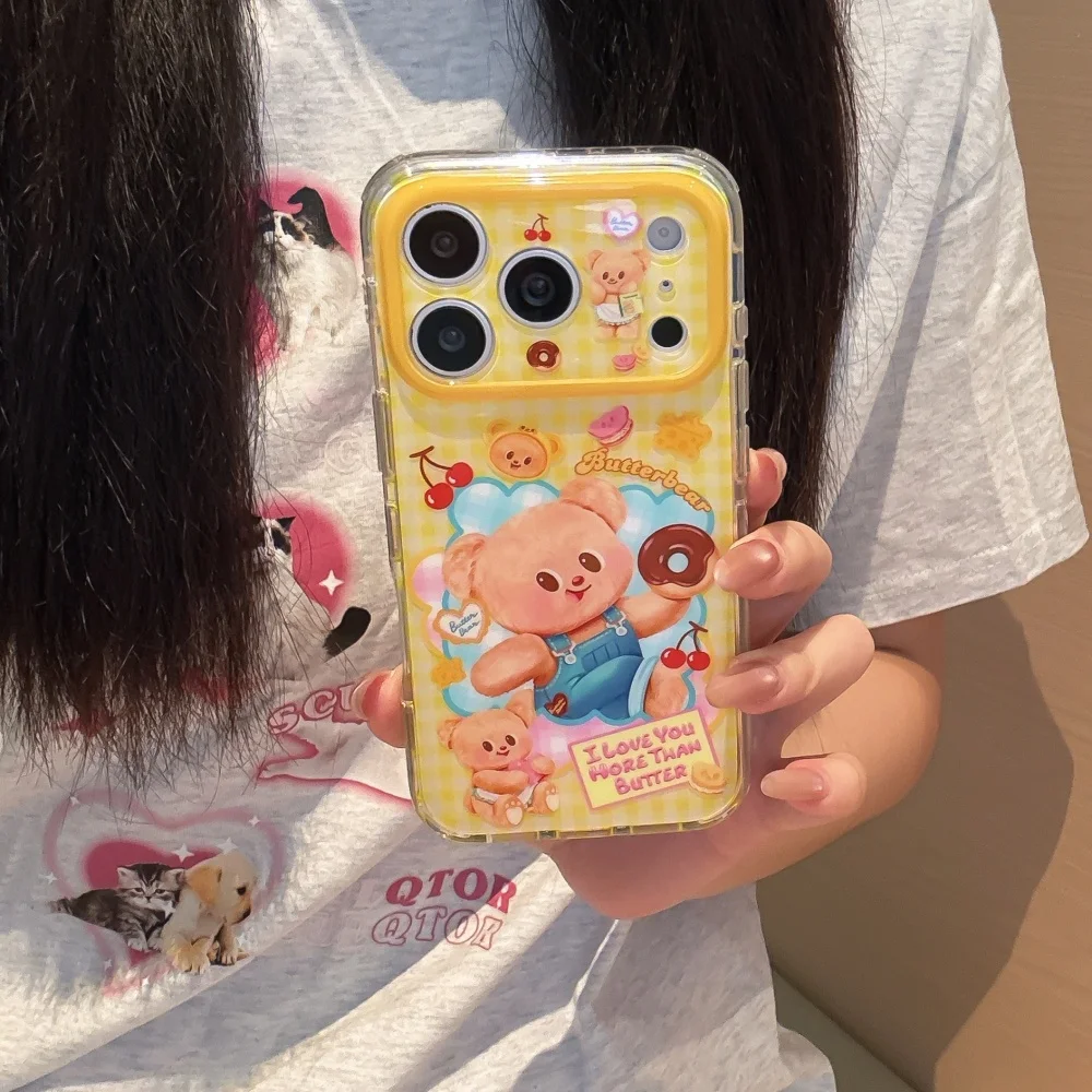 New Ins Cute Cartoon Bear Yellow Plaid Printed Phone Case For iPhone 17 Pro 16 Max 15 16 17 Pro Max 15 Pro Sweet Anti-fall Cover