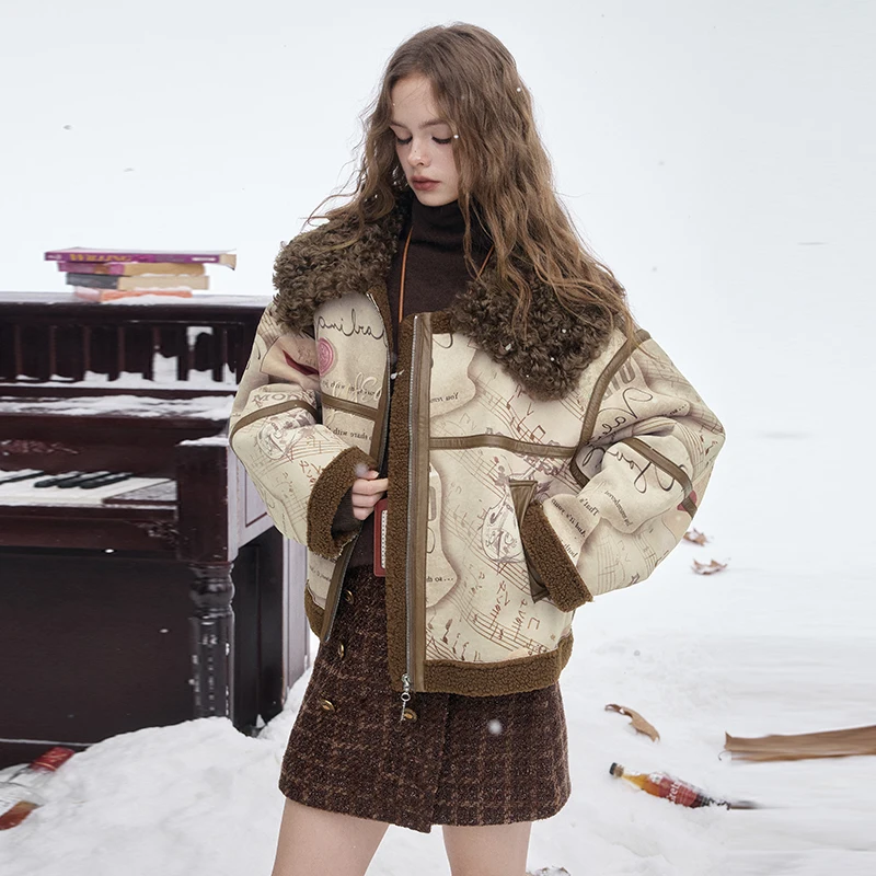 ELFSACK 2025 Winter New Arrivals Y2K Vintage Plush Lapel Letter Staff Outer Faux Leather Wool Blend Coat For Women