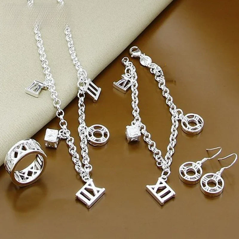 DOTEFFIL 925 Sterling Silver Roman Numerals Earring Ring Bracelet Necklace Set For Woman Wedding Engagement Fashion Jewelry — zdjęcie 2