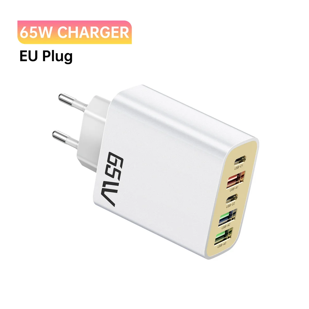 65 واط 5 منافذ شحن سريع شاحن USB C PD شاحن سريع شاحن عالي السرعة الهاتف نوع C الجدار محول آيفون سامسونج Xiaomi