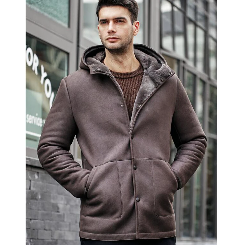 Denny&Dora Mens Brown Shearling Jacket Snap Button Coat Mid-Length Sheepskin Coat