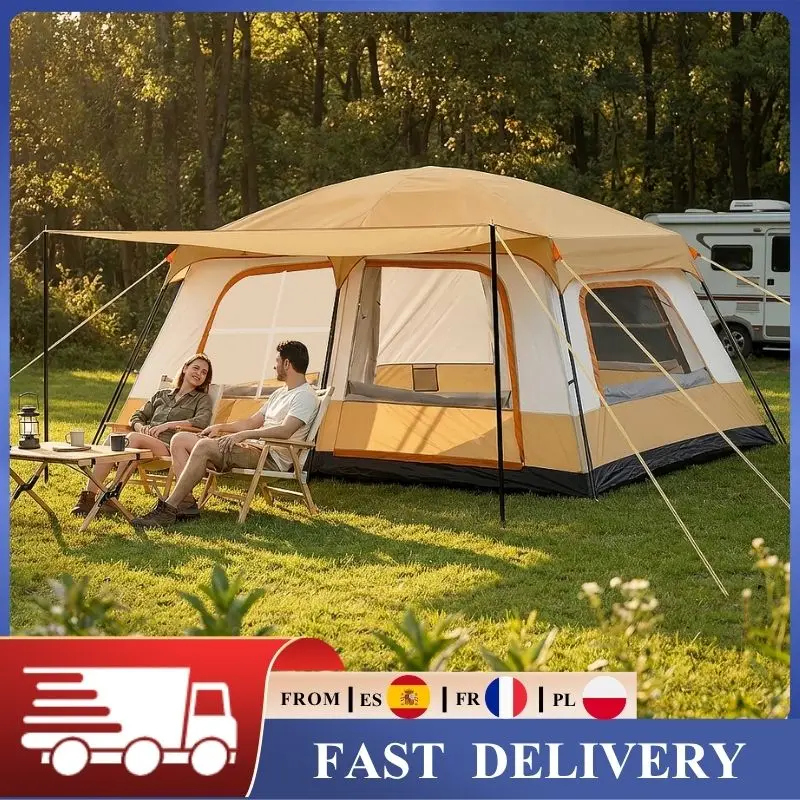 Tente de camping d'extérieur pour 4 à 6 personnes, double couche, 2 chambres, 1 salon, tente pliante, grande, installation rapide, imperméable, résistante au vent, pour la randonnée, le pique-nique,