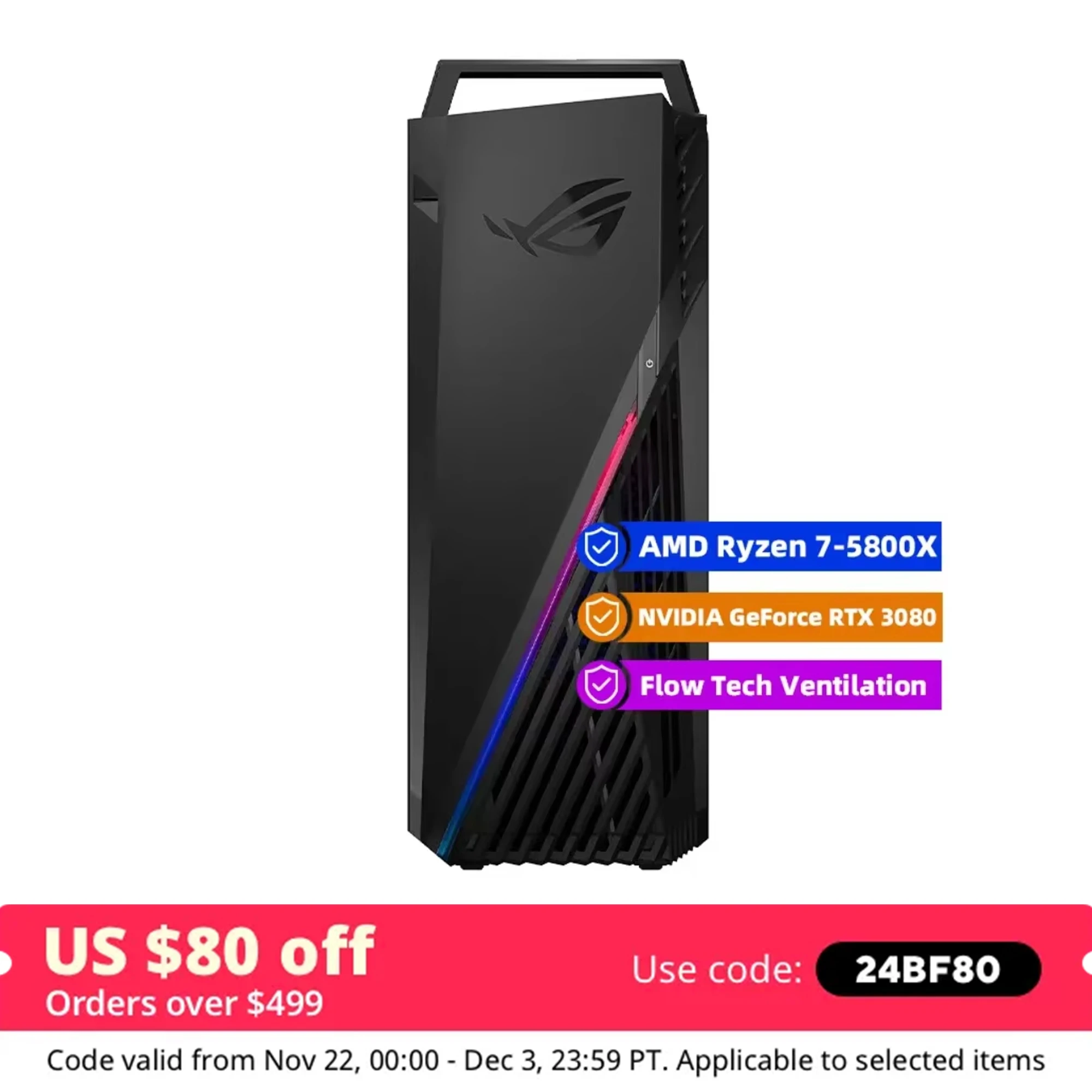 ASUS ROG STRI GA15 Gaming Desktop,AMD Ryzen 7-5800X,NVIDIA GeForce RTX 3080,64GB RAM,4TB SSD,Windows 11,Black