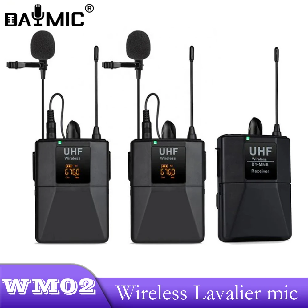 AOSHEN WM02 UHF Wireless Lavalier Microphone With 2 Channel Transmitter Clip Lapel Mic For Camera Phone Laptop Recording