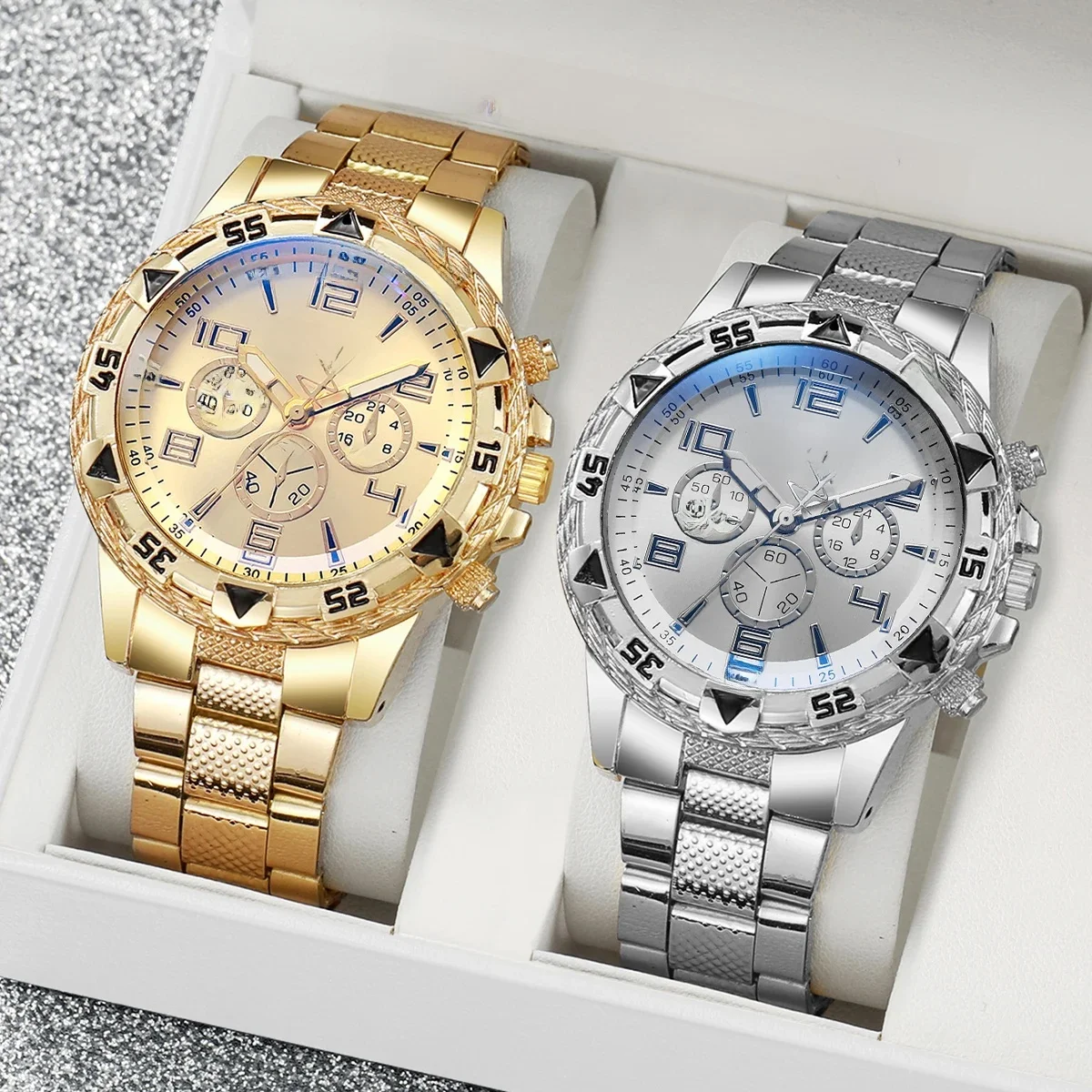 2 szt. Męskie zegarki biznesowe moda duża tarcza stalowy pasek męski analogowy zegarek kwarcowy Relogio Masculino Reloj Hombre (bez pudełka) — zdjęcie 2
