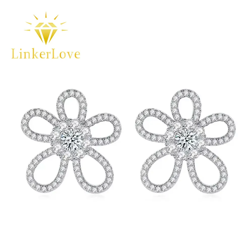LinkerLove Moissanite Flower Stud Earrings for Women S925 Sterling Silver 20mm Five Petal Floral Earrings Wedding Bridal Jewelry