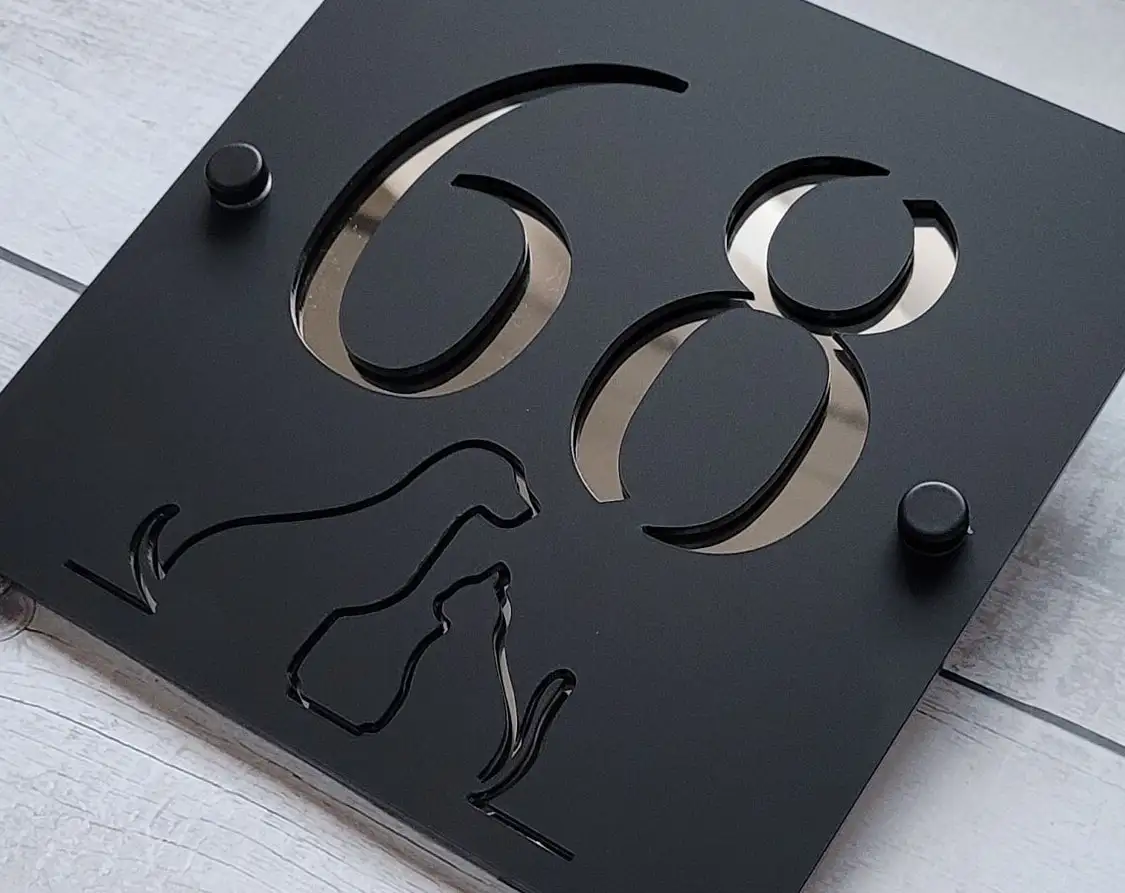 Laser Cut House Signs Numbers Matt Black Gog Cat Acrylic Plaque With Gloss Black Backplate - Personalised