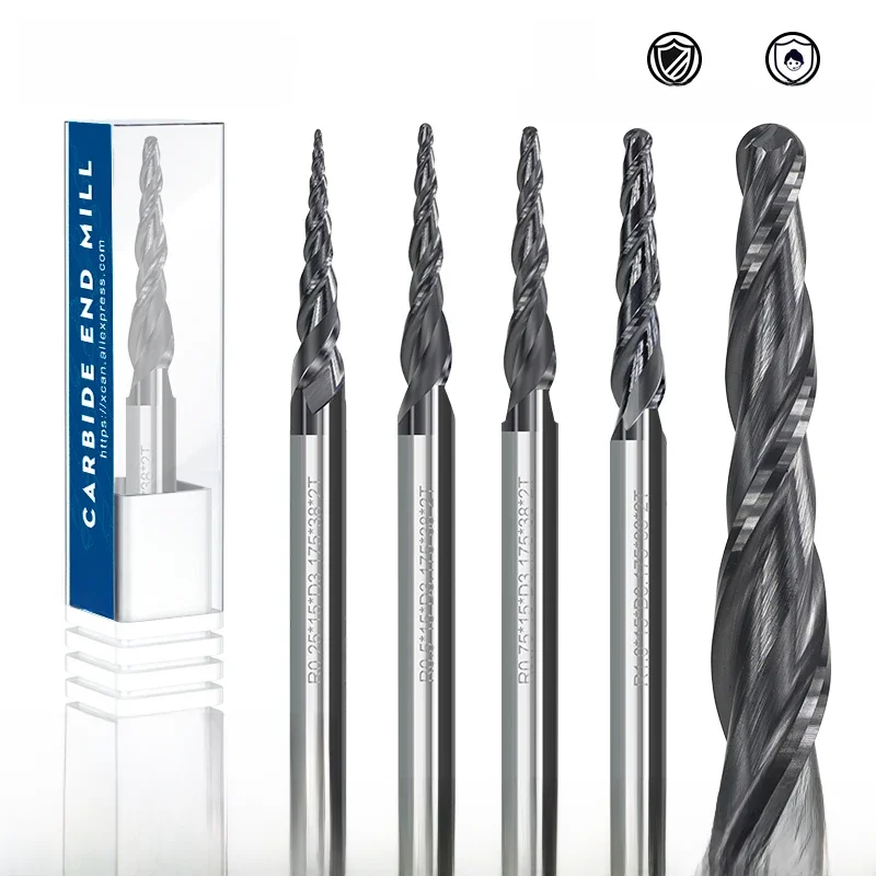 XCAN frez stożkowy frez trzpieniowy R0.25/R0.5/R0.75/R1.0 3.175mm chwyt węglikowy frez do grawerowania drewna CNC router Bit — zdjęcie 2
