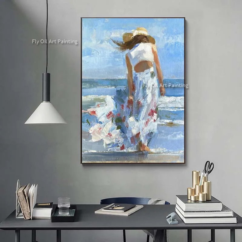 

Hand Painted Modern Woman By The Sea Canvas Original Painting Abstract Back Beauty In White SkirtOil Painting Home Wall Decor