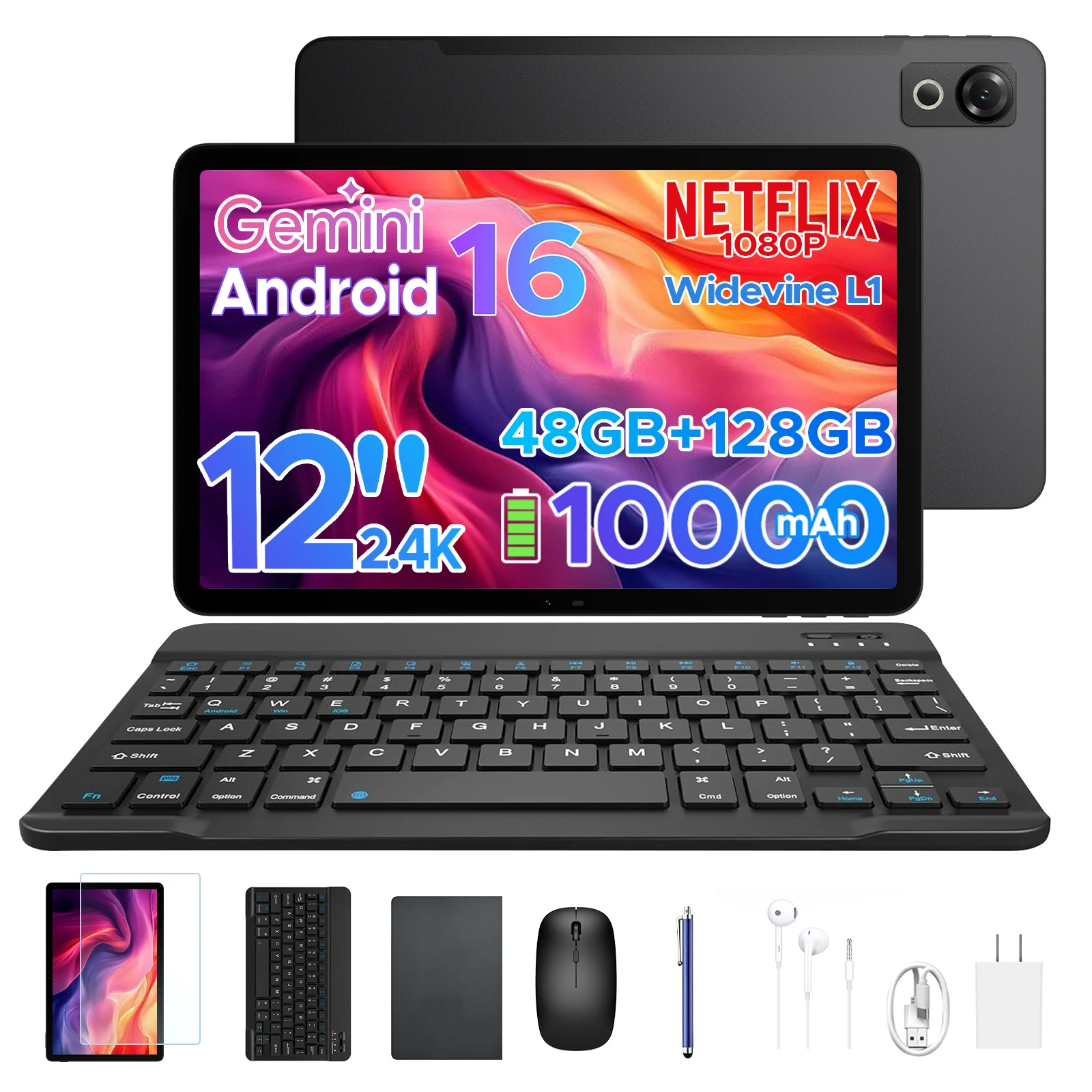 Aorlym P12 Tablet 12 inch Android 16 12"2.4K 120Hz 10000mAh Battery Gemini AI 48GB RAM(8+40) 128GB ROM Widevine L1 2 in 1 Tablet