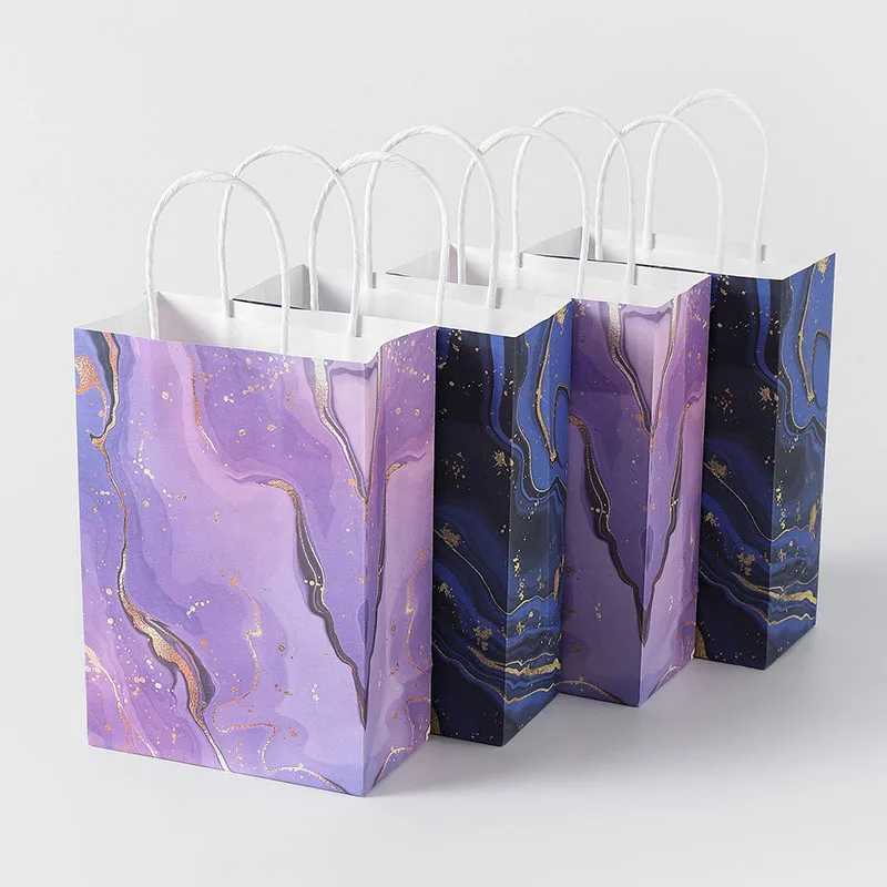 Bolsa de regalo de papel Kraft con asa, bolsa de embalaje para fiesta de cumpleaños, favores de boda, suministros para festivales, diseño de mármol azul y púrpura, 5 piezas