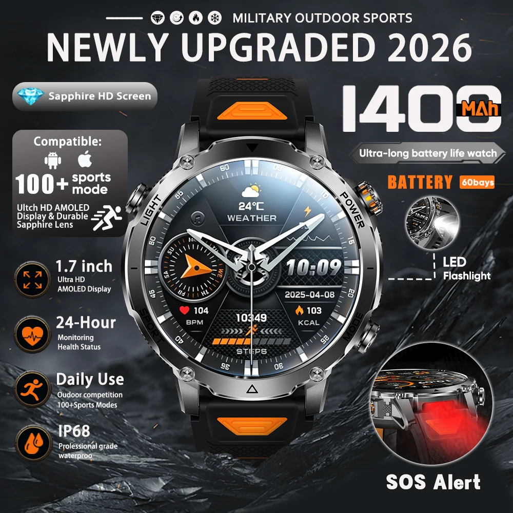 2026 Neue Outdoor-Sport-Smartwatch mit 1420mAh großem Akku für Herren, Herzfrequenz, SpO2 und Schlafüberwachung, 100+ Sportmodi, Fitness-Tracker mit LED-Taktik-Taschenlampe Uhr, IP68 wasserdicht,