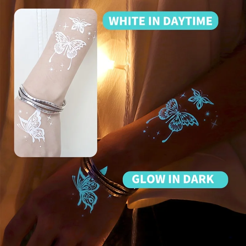 Large Blue Luminous Butterfly Tattoo Stickers For Women Glow In The Dark Waterproof Temporary Tattoo For Music Festival Party